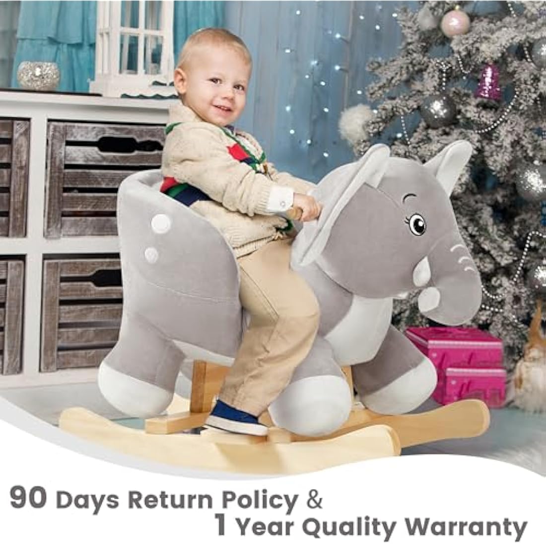 FUNLIO Elephant Baby Rocking Horse – Plush Grey Ride-on Toy for Toddlers