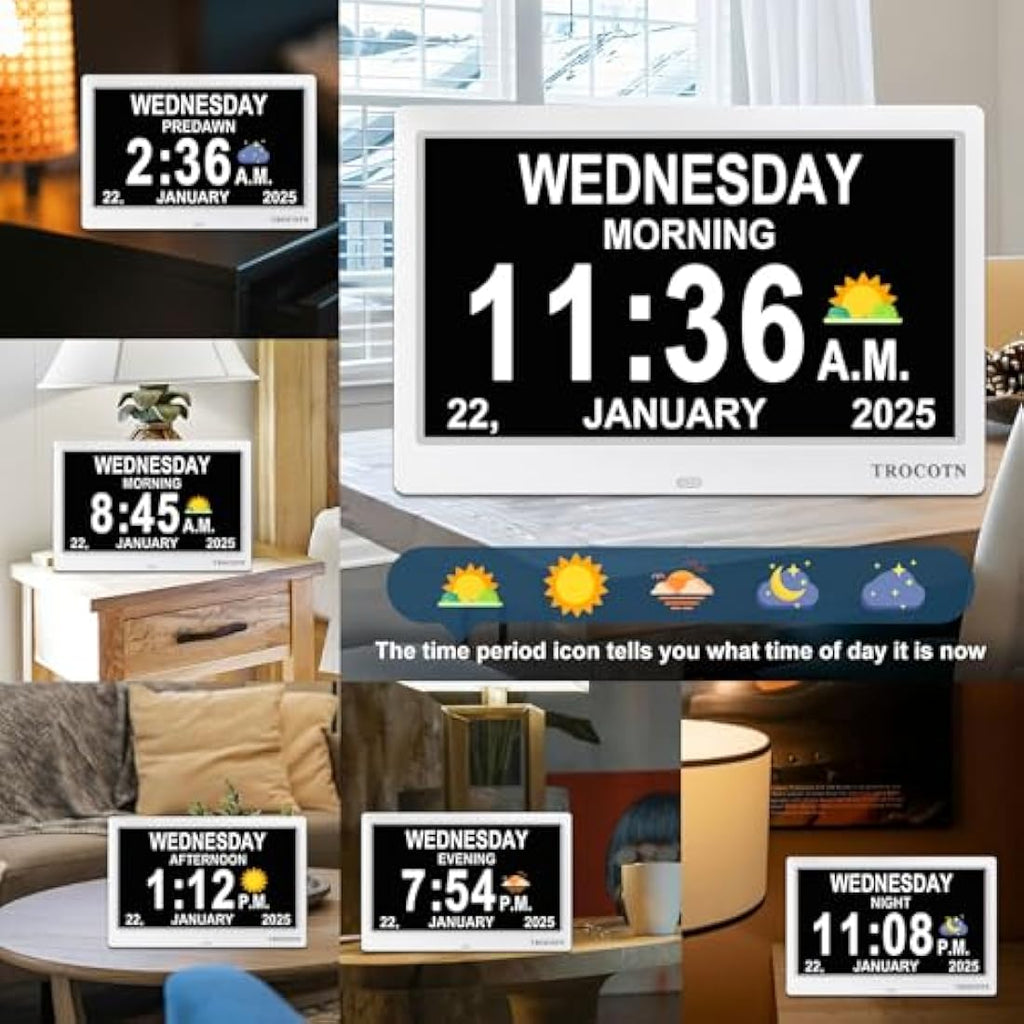 TROCOTN 10 Inch Digital Calendar Day Clock for Elderly - Large Display White