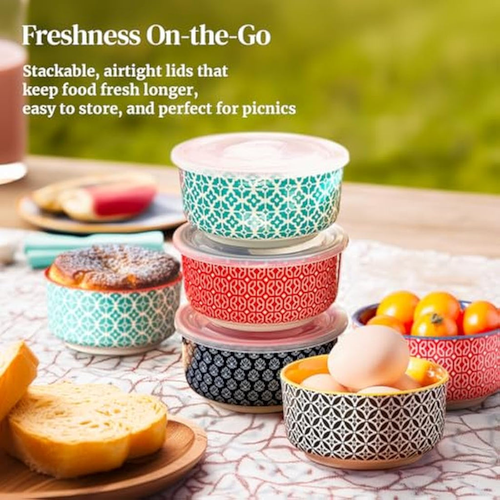 DOWAN 8 oz Ceramic Ramekins with Lids - 6 Pack Porcelain Baking Dishes