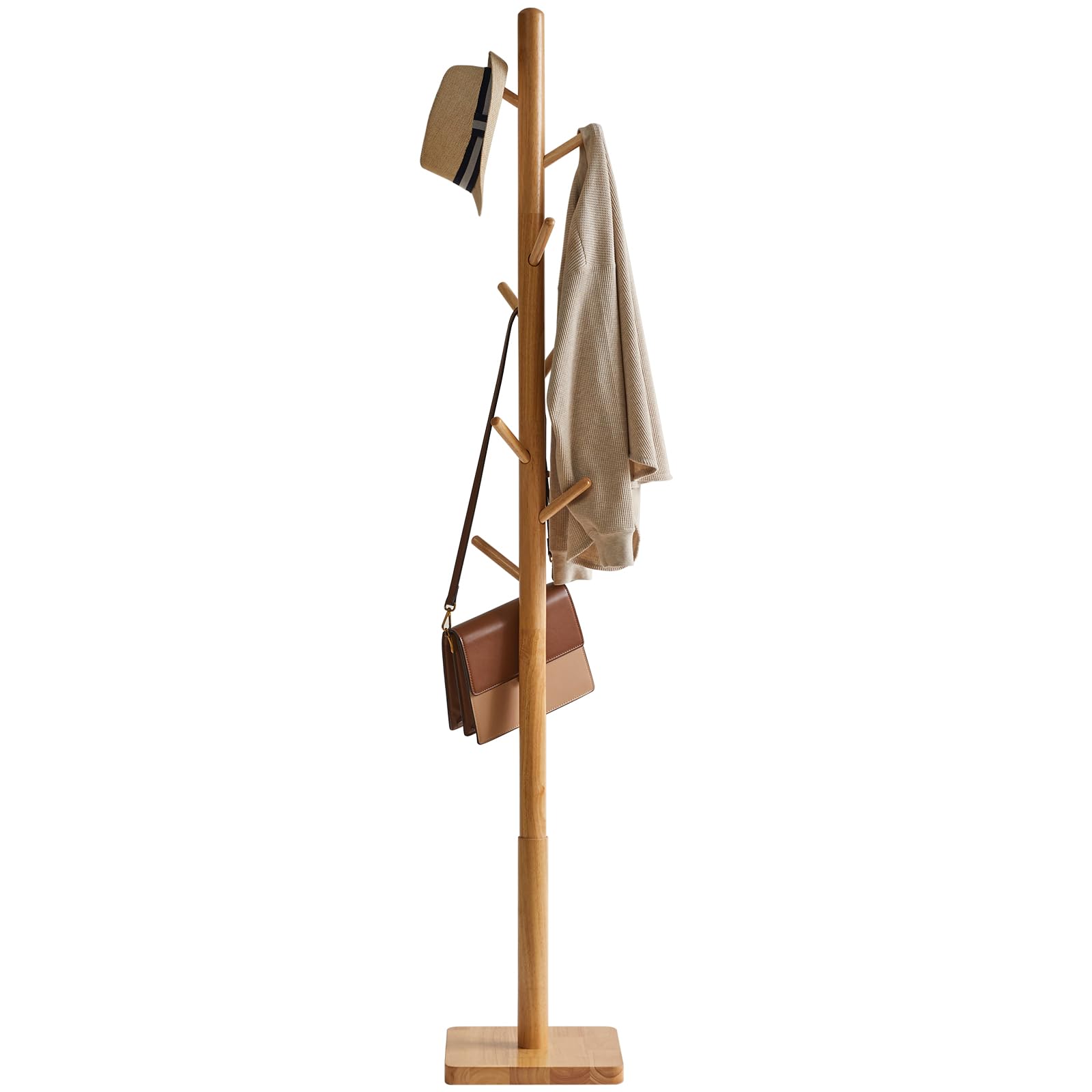 YMYNY Wooden Coat Rack Stand – 8 Hooks Height Adjustable Hall Tree