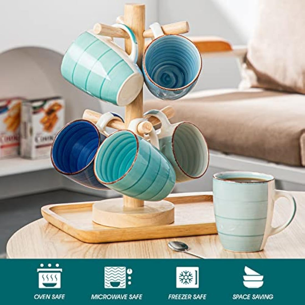 vancasso Bonita Stoneware Coffee Mugs Set of 6 – 360ml Blue Cups