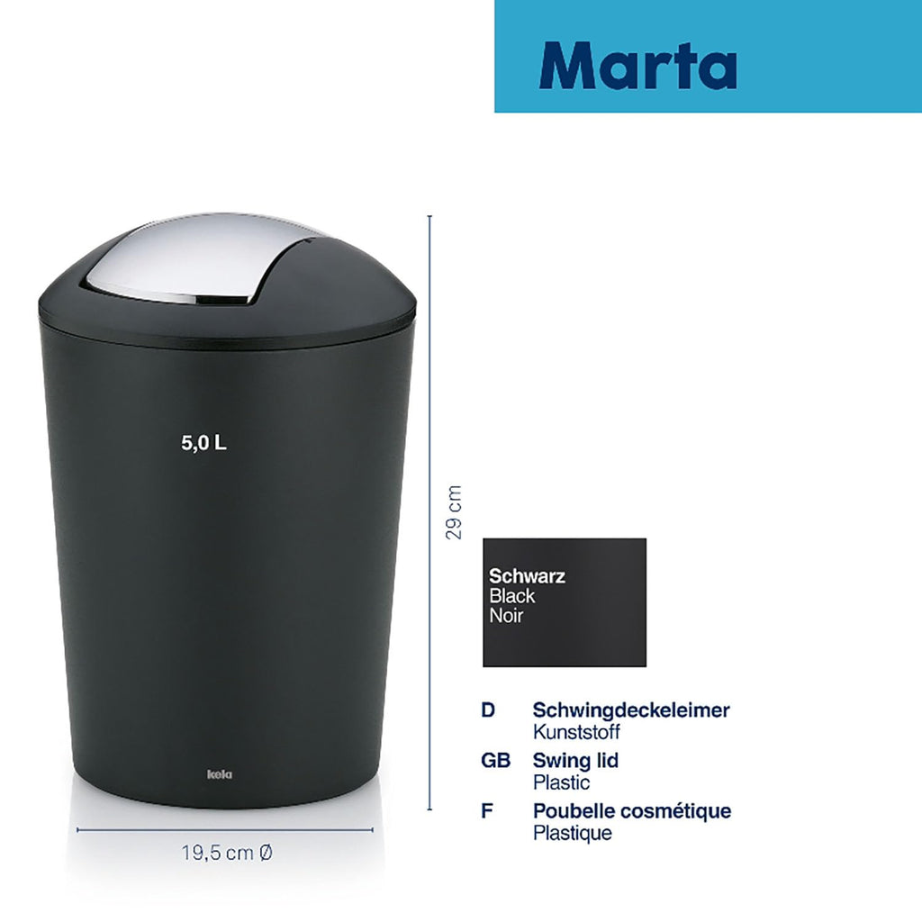 kela swing lid bin black, cosmetic bin 5l with swing lid, plastic, MARTA, waste bin bathroom black matt - image 3