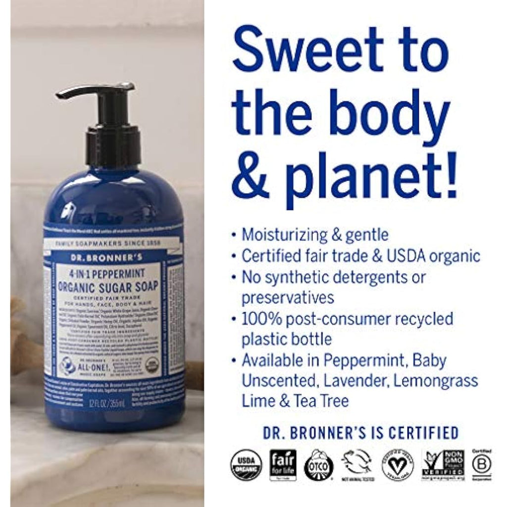 Dr. Bronner's Organic Peppermint 4-in-1 Soap | 335ml Pump Bottle