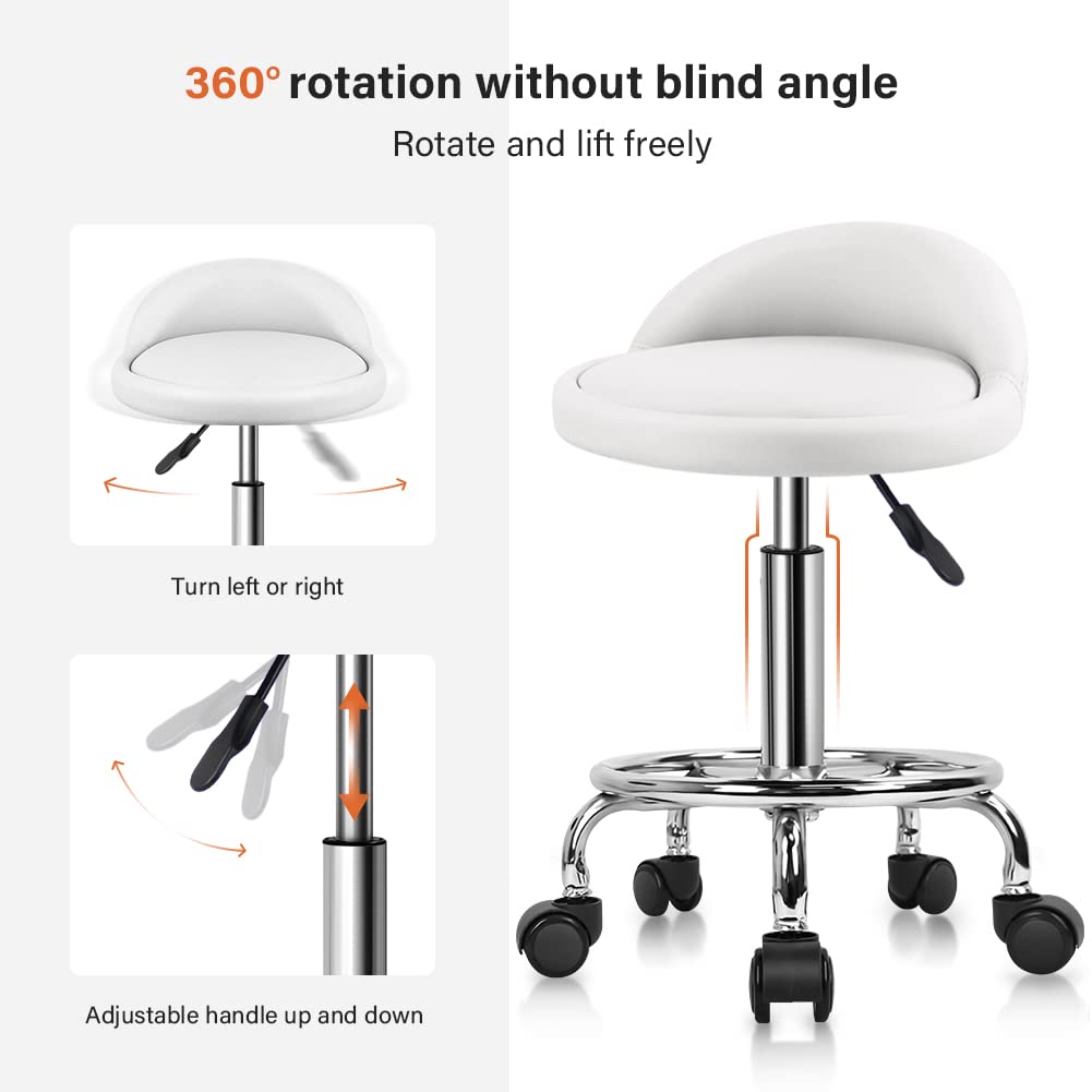 KKTONER PU Leather Rolling Stool - Adjustable Swivel Spa Chair, White