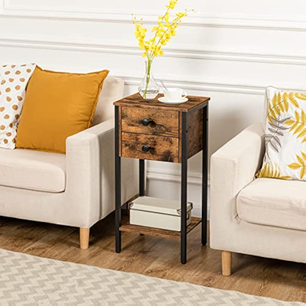 HOOBRO Tall Slim Bedside Table | 2-Drawer Industrial Side Table - Rustic Brown