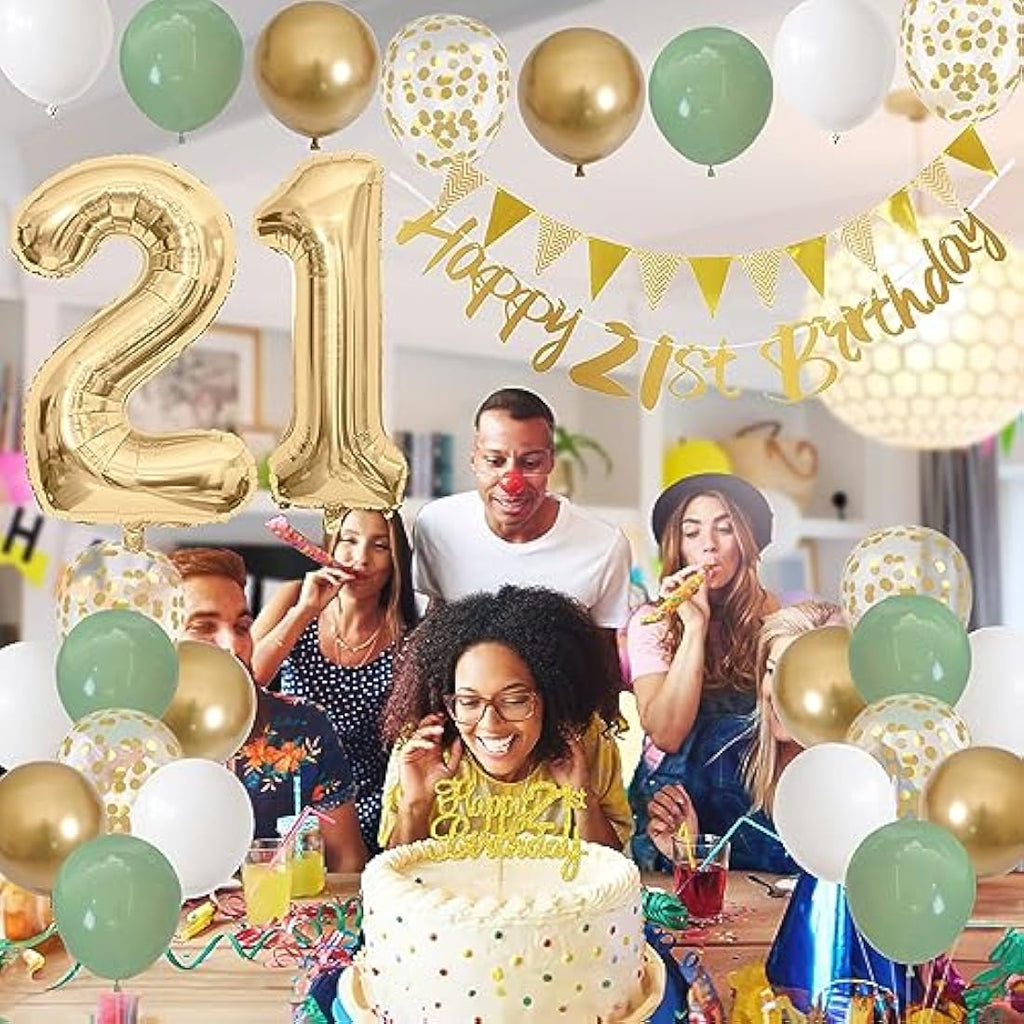 21st Birthday Decorations - Sage Green & Gold Party Supplies Kit