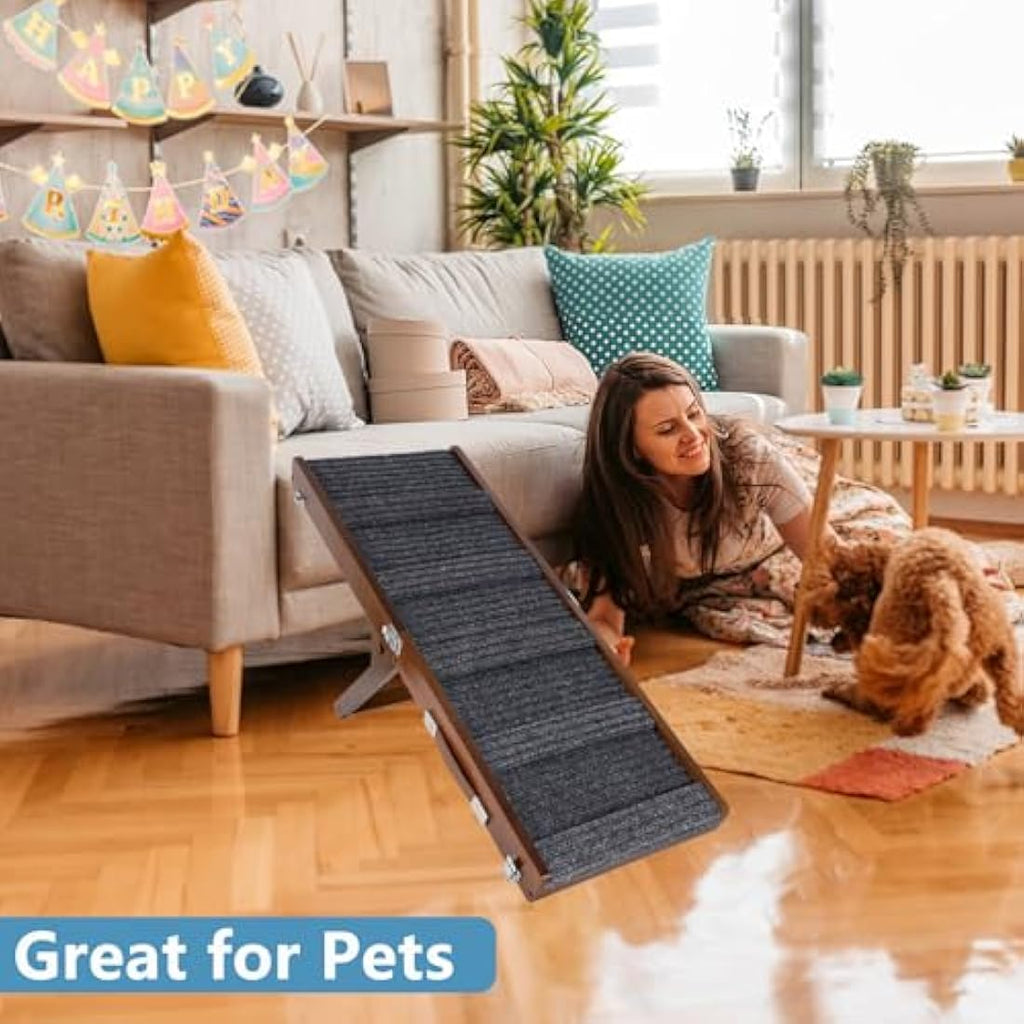 Umtiti Adjustable Wooden Pet Ramp – Foldable Non-Slip Dog Ramp for Beds