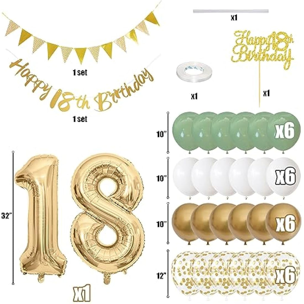 18th Birthday Decorations – Sage Green, Gold & White Party Kit