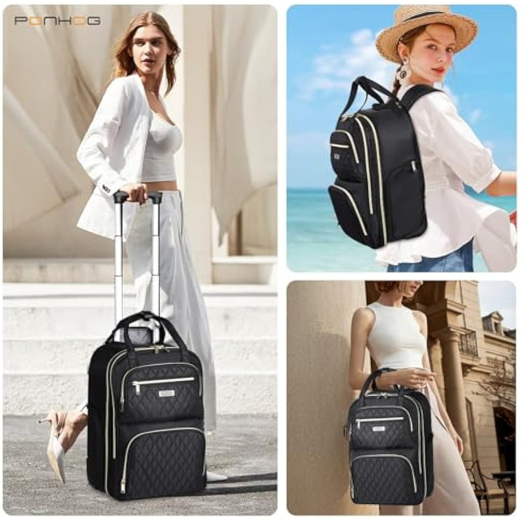 Ponhog Rolling Laptop Backpack | 15.6 Inch Wheeled Travel Bag - Black