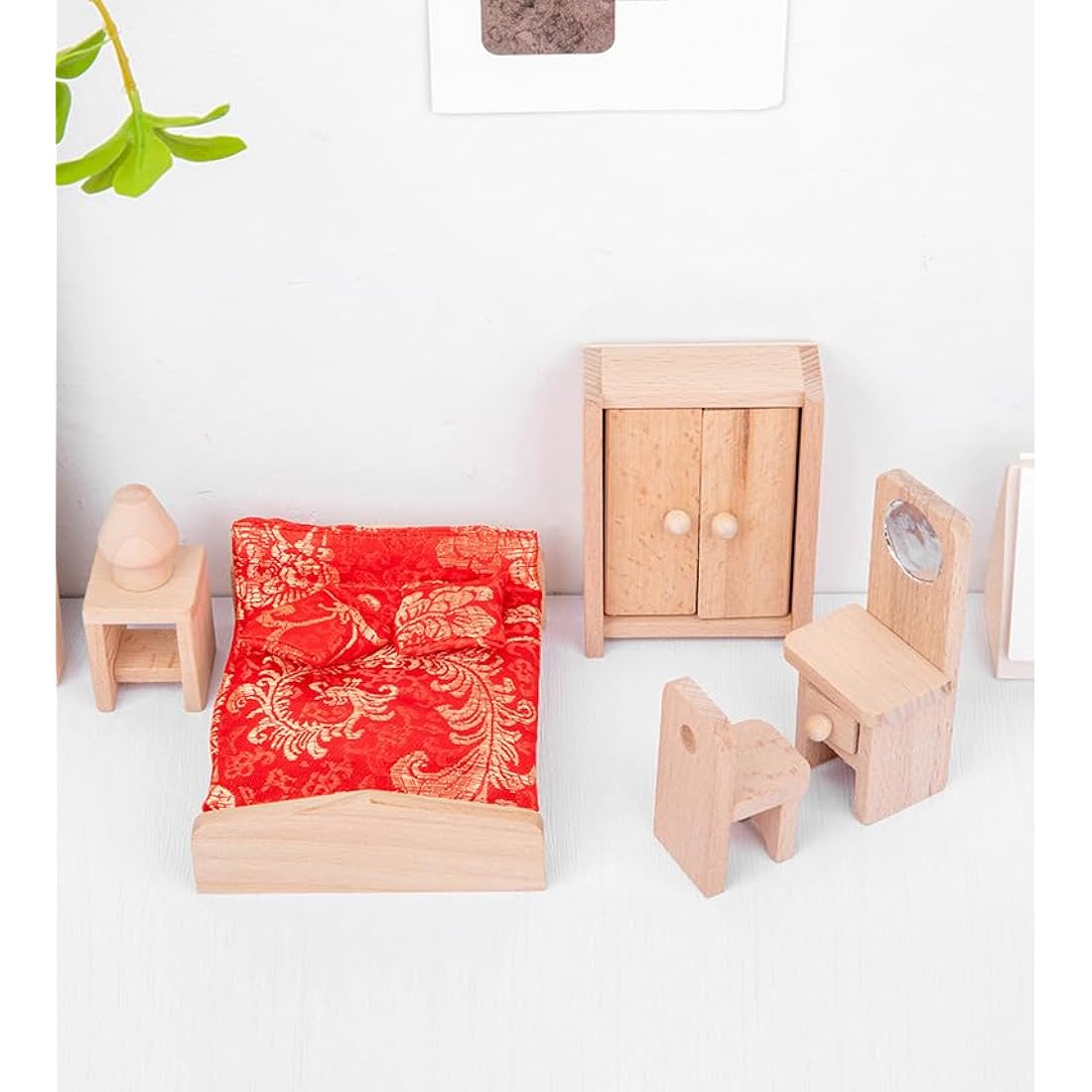 DecoBay Wooden Dollhouse Furniture Set with 7 Family Dolls – 4 Rooms