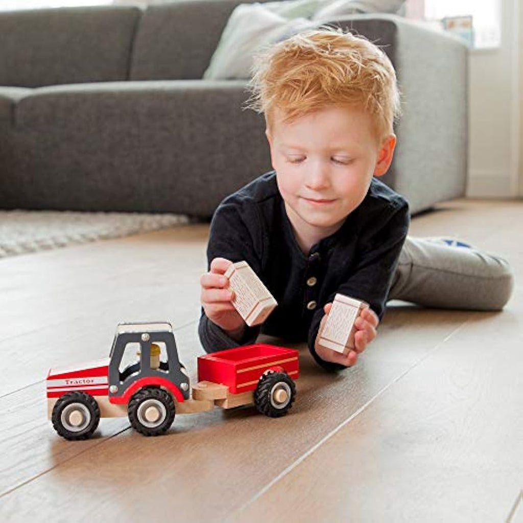 New Classic Toys Wooden Tractor with Hay Stacks - Red Toddler Toy