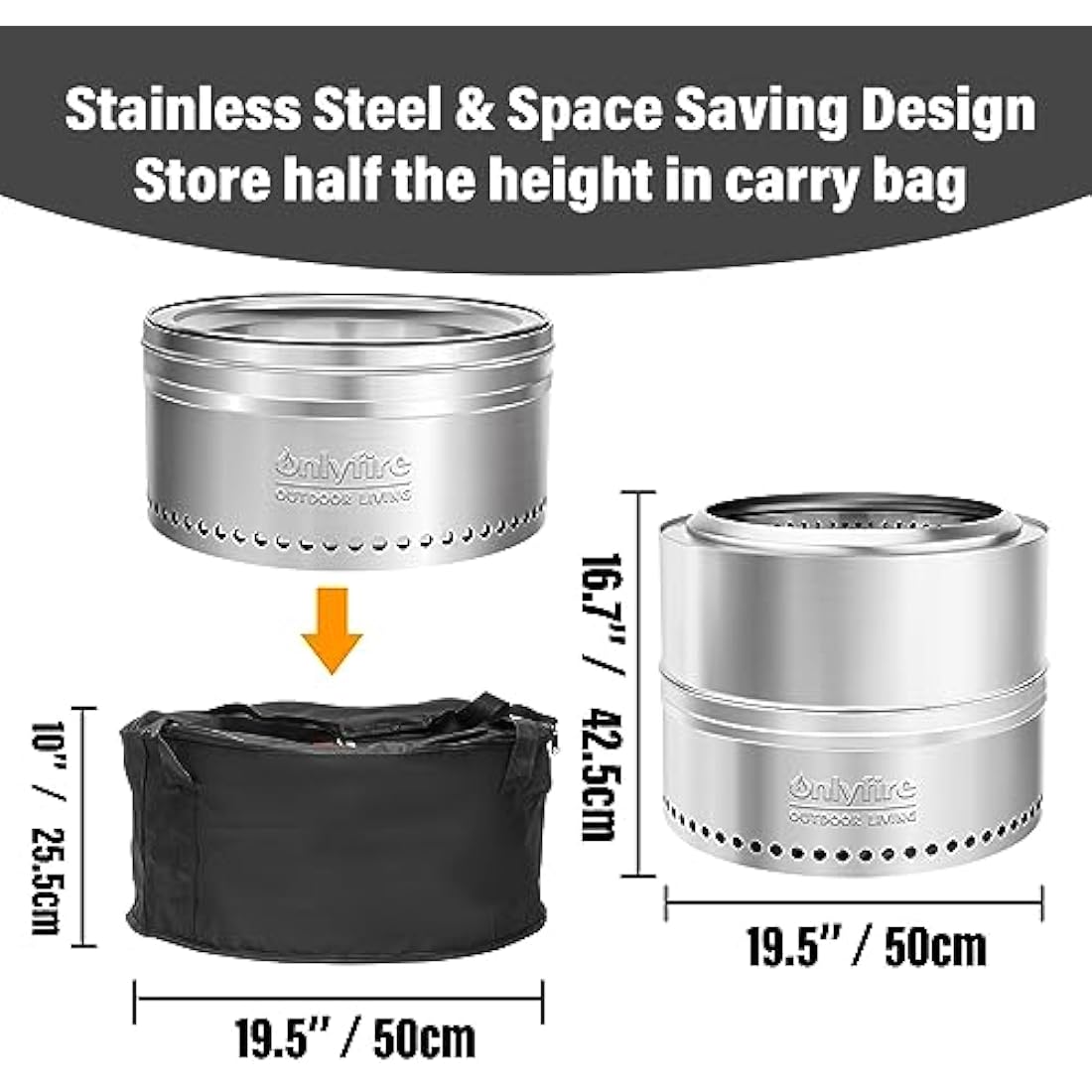 Onlyfire 50cm Smokeless Fire Pit | Stainless Steel Wood Burning Stove