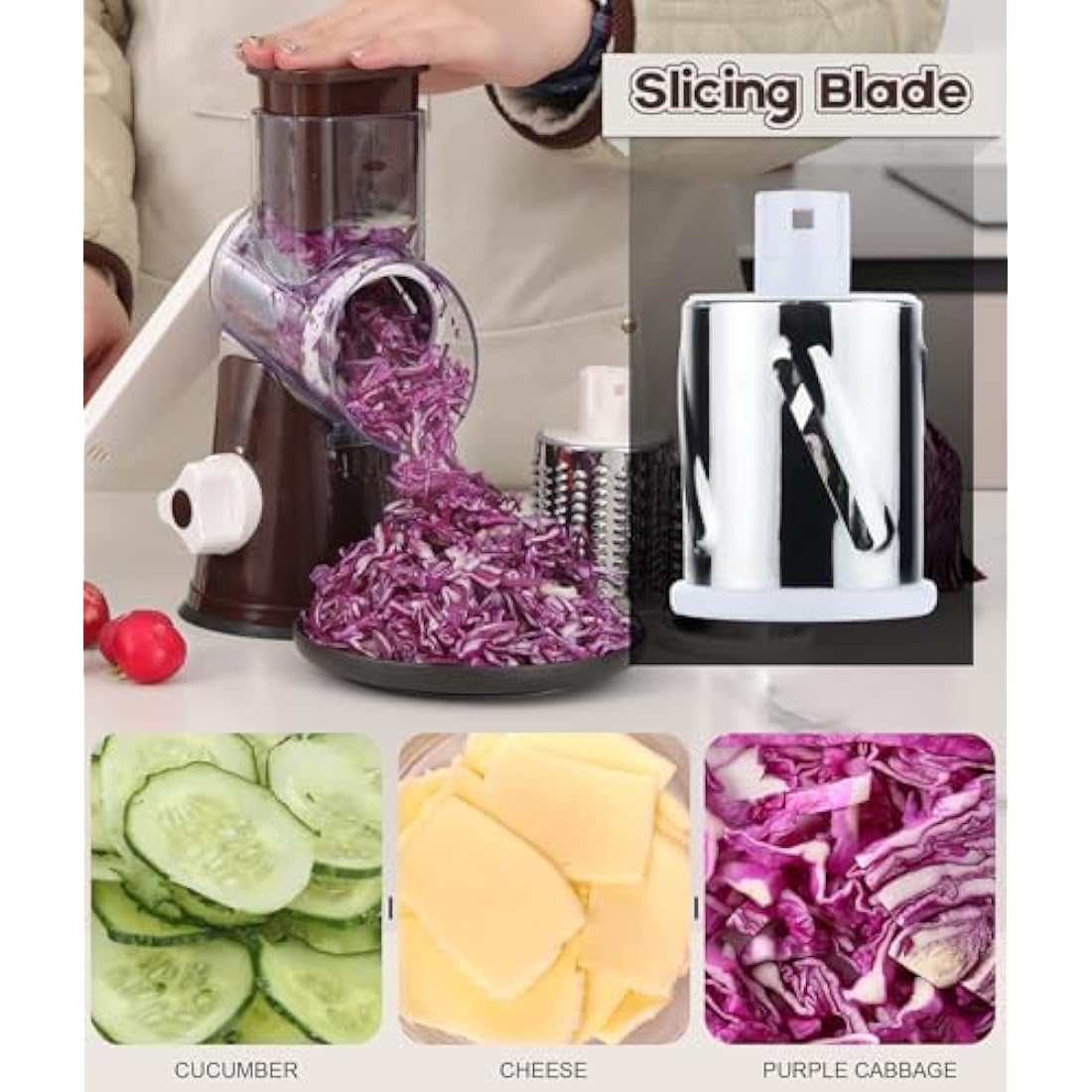 Ourokhome Rotary Cheese Grater | 3-Blade Manual Mandoline Slicer - Coffee