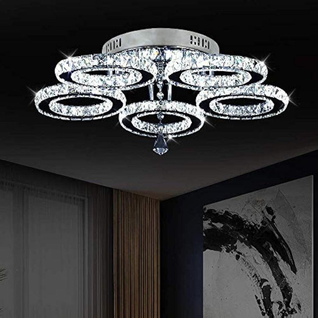 Modern Crystal Chandelier – 5 Ring LED Flush Mount Light