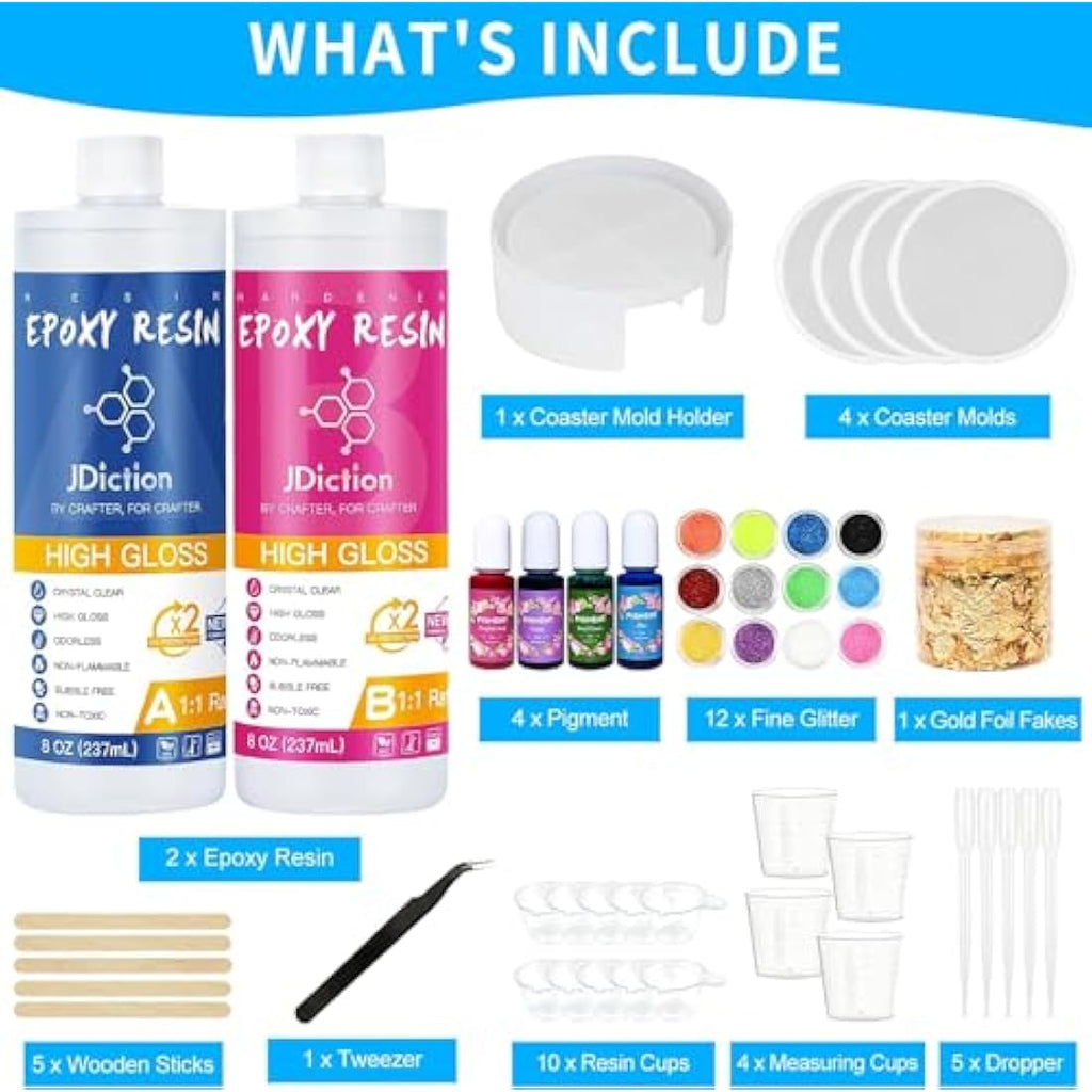 JDiction Epoxy Resin Coaster Kit | 16oz Crystal Clear DIY Starter Set