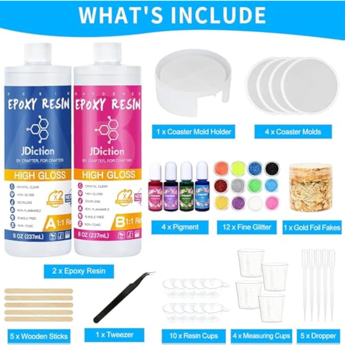 JDiction Epoxy Resin Coaster Kit | 16oz Crystal Clear DIY Starter Set