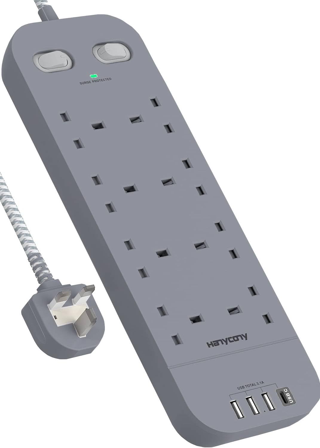 HANYCONY 8-Way Power Strip – 1800J Surge Protector with 4 USB Slots