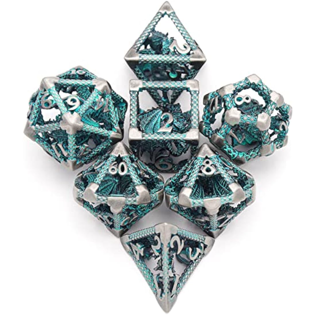 Hollow Metal Dragon D&D Dice Set | Silver Blue Polyhedral