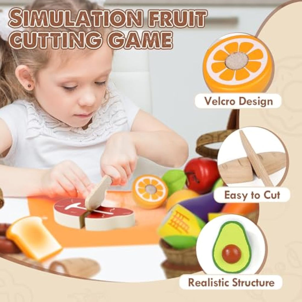 Lehoo Castle Wooden Play Food Set – 23pc Montessori Kitchen Toy with Baskets