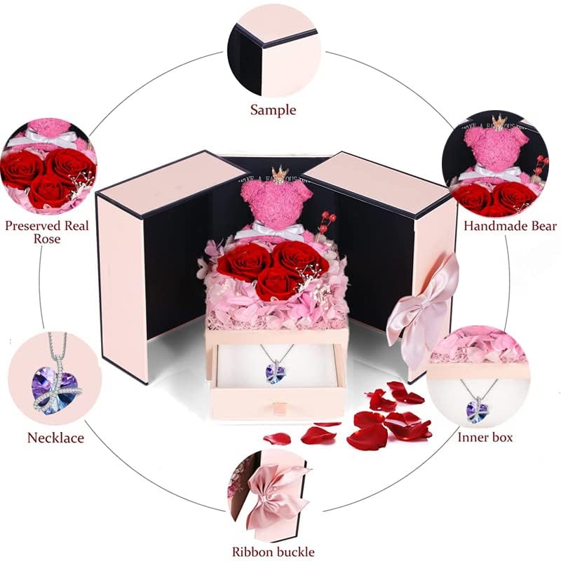 Firestyle Preserved Red Rose Moss Bear with Purple Heart Necklace Gift Box
