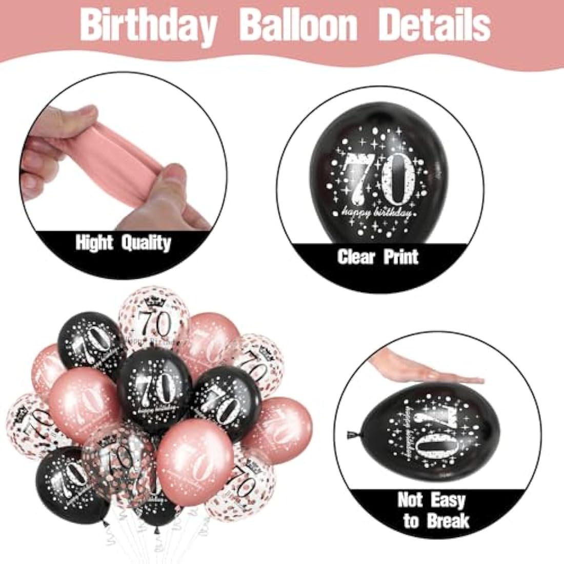 70th Birthday Balloons - 15pc Rose Gold & Black Latex Set