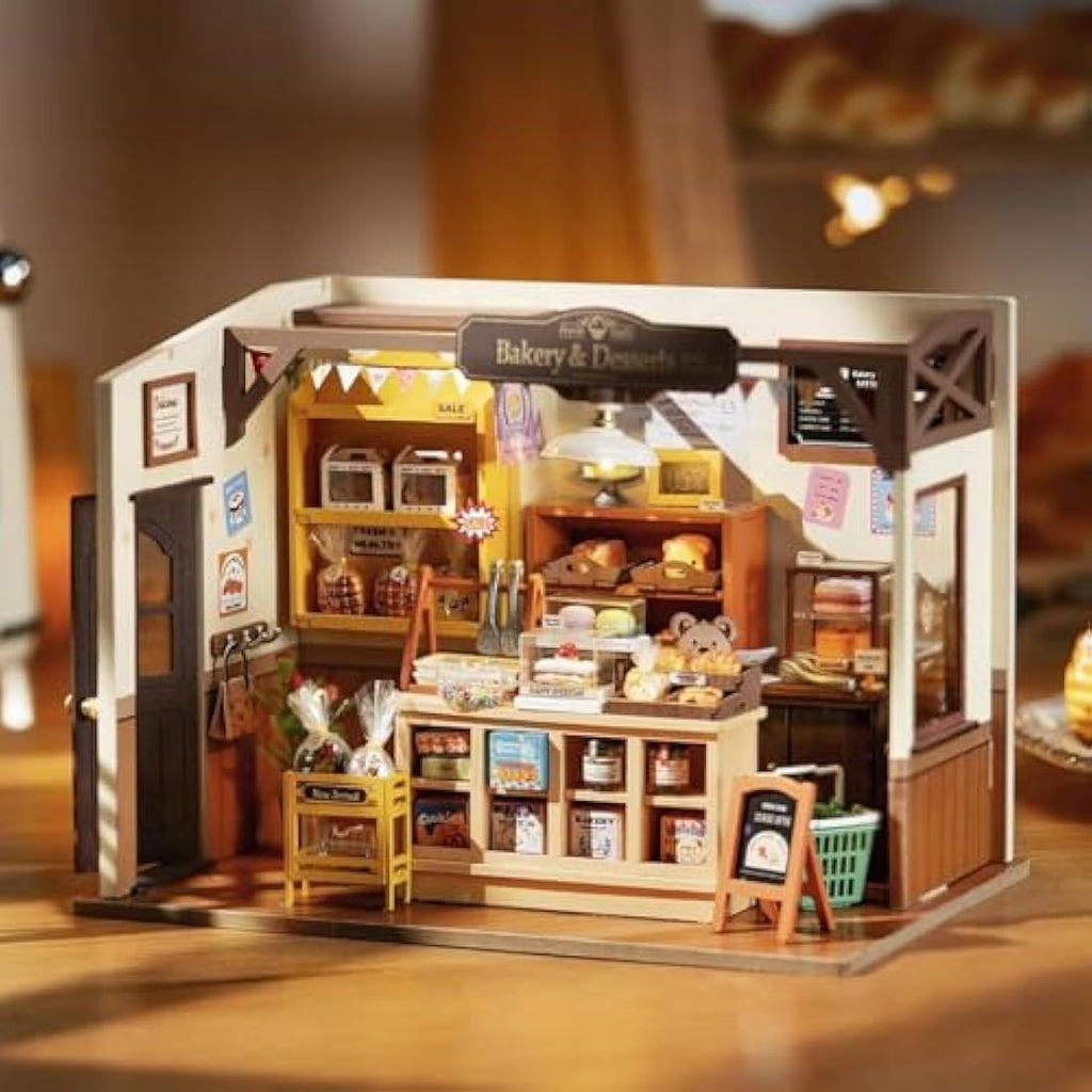 RoWood DIY Miniature Dollhouse Kit - Wooden Bakery Model with LED Lights