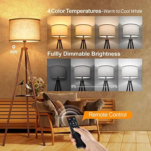 OUTON Solid Wood Tripod Floor Lamp with Shelf - Dimmable LED Standing Light