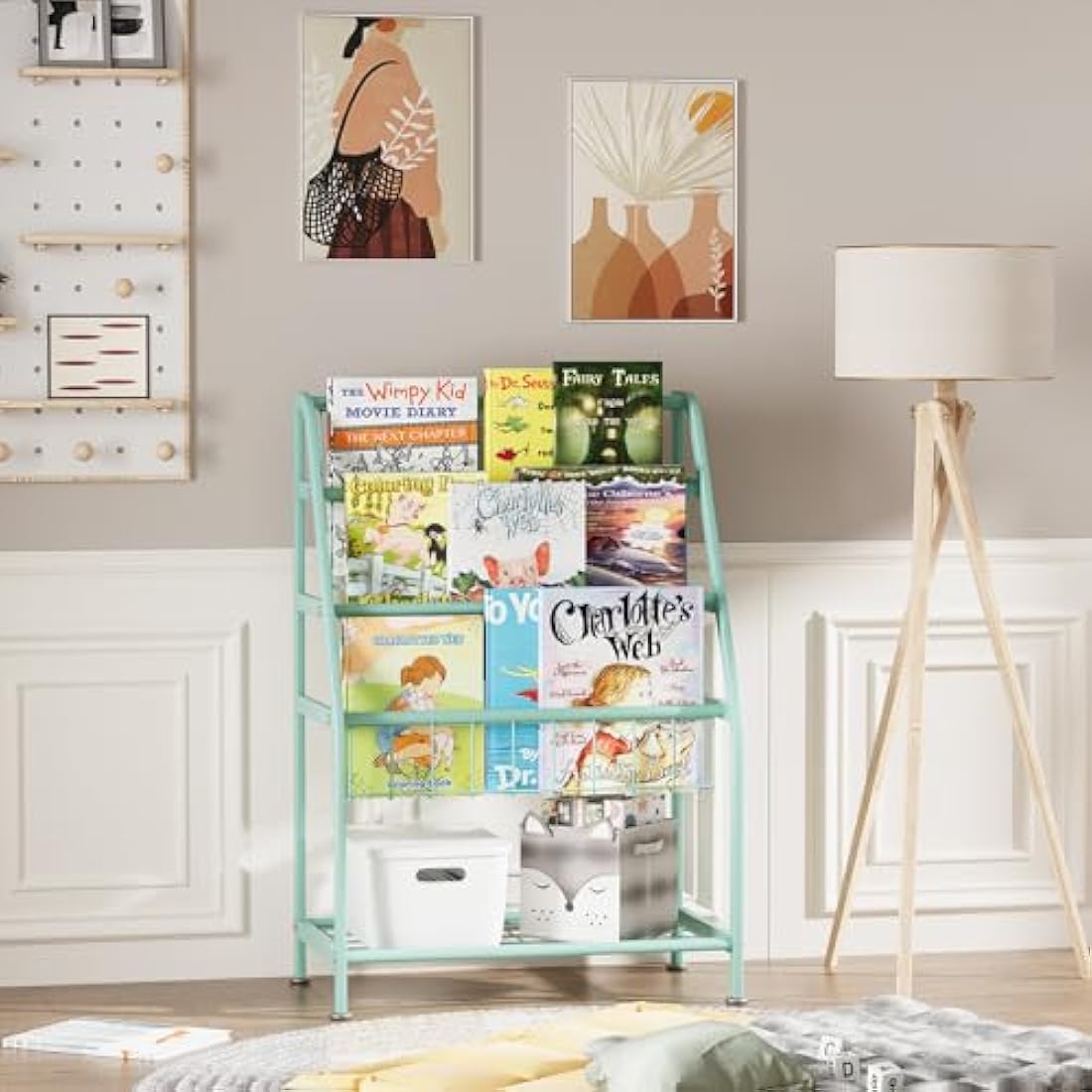 Huhote Kids Bookshelf – Metal Book and Toy Storage Organizer, Green