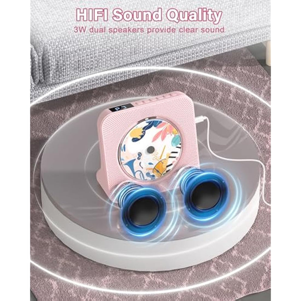 Greadio Portable Desktop CD Player with Bluetooth 5.0 & HiFi Speakers – Pink