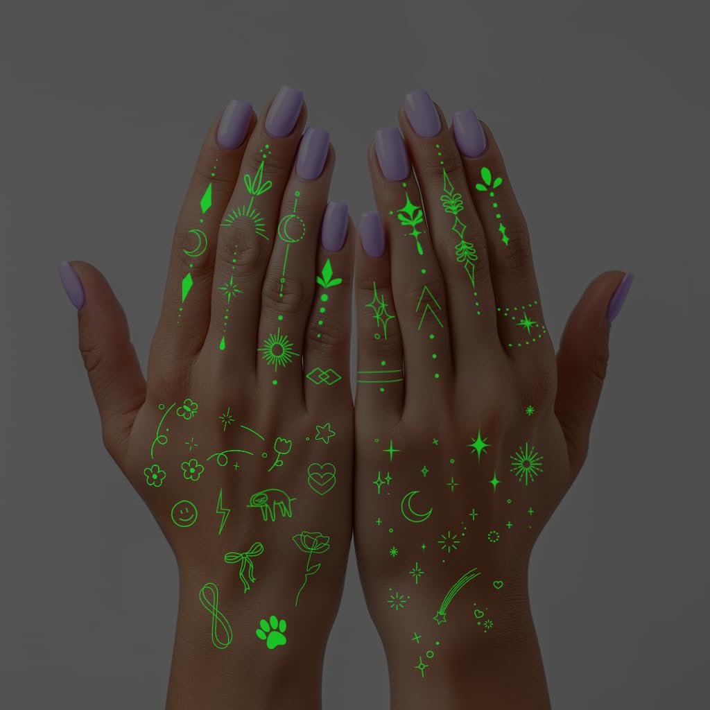 Glow-in-the-Dark Temporary Finger Tattoos - 50pc Boho Kit
