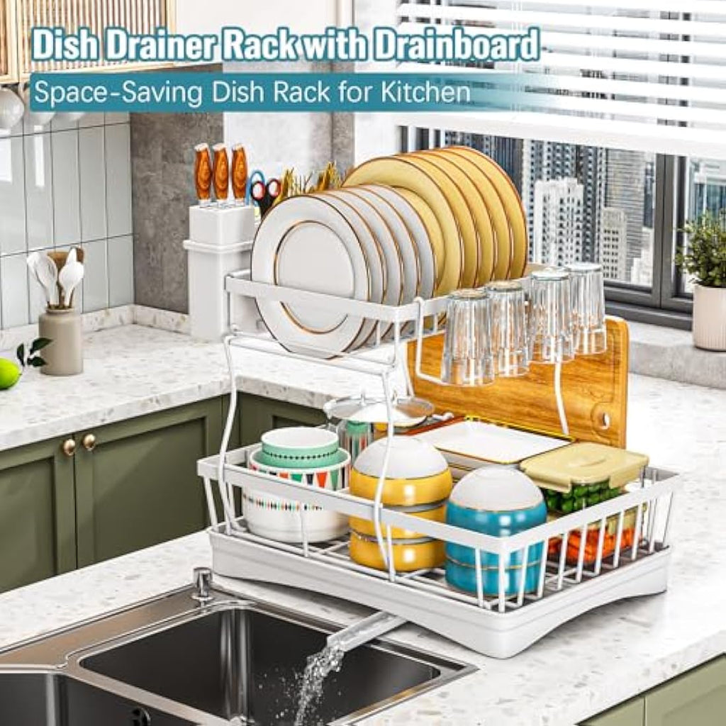 StowBin 2-Tier Dish Drying Rack with Drainboard and Utensil Holder