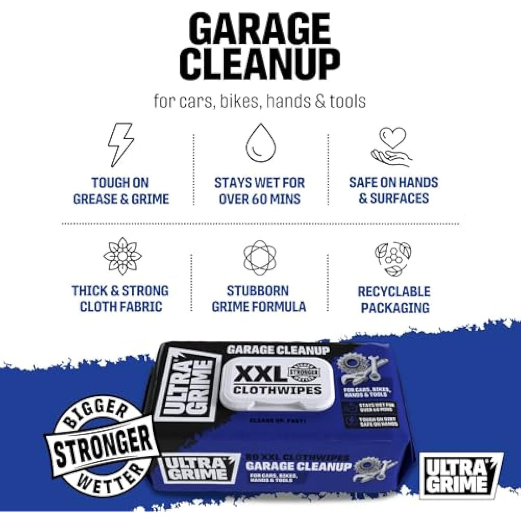 UltraGrime Garage XXL Heavy Duty Wipes – 80 Thick Degreaser Cloths