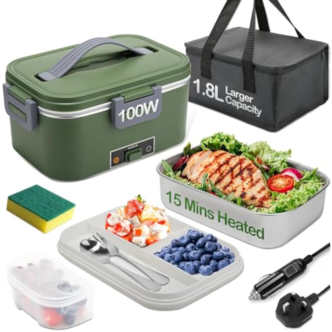 BYbrutek 100W Electric Lunch Box – 1.8L Stainless Steel Food Warmer (Green)