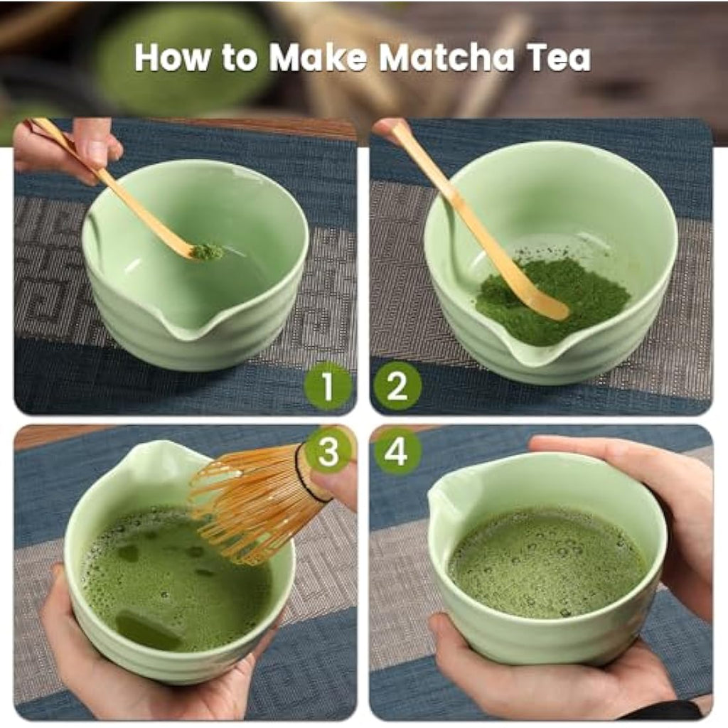 Geebuzz 6-Piece Matcha Whisk Set – Bamboo Whisk and Ceramic Bowl, Green