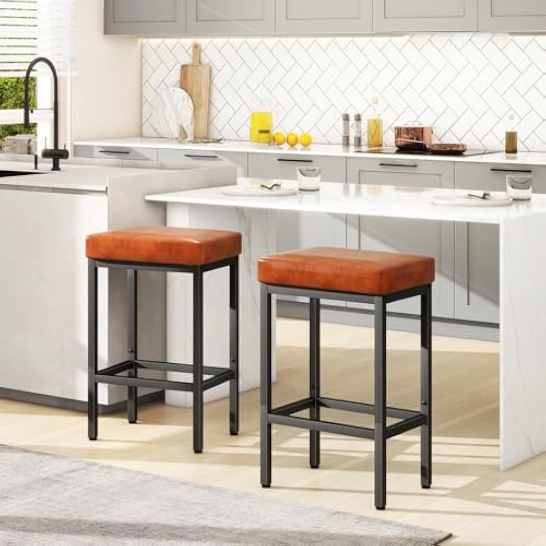 YMYNY Bar Stools Set of 2 – 66cm PU Leather Counter Stools, Caramel Brown