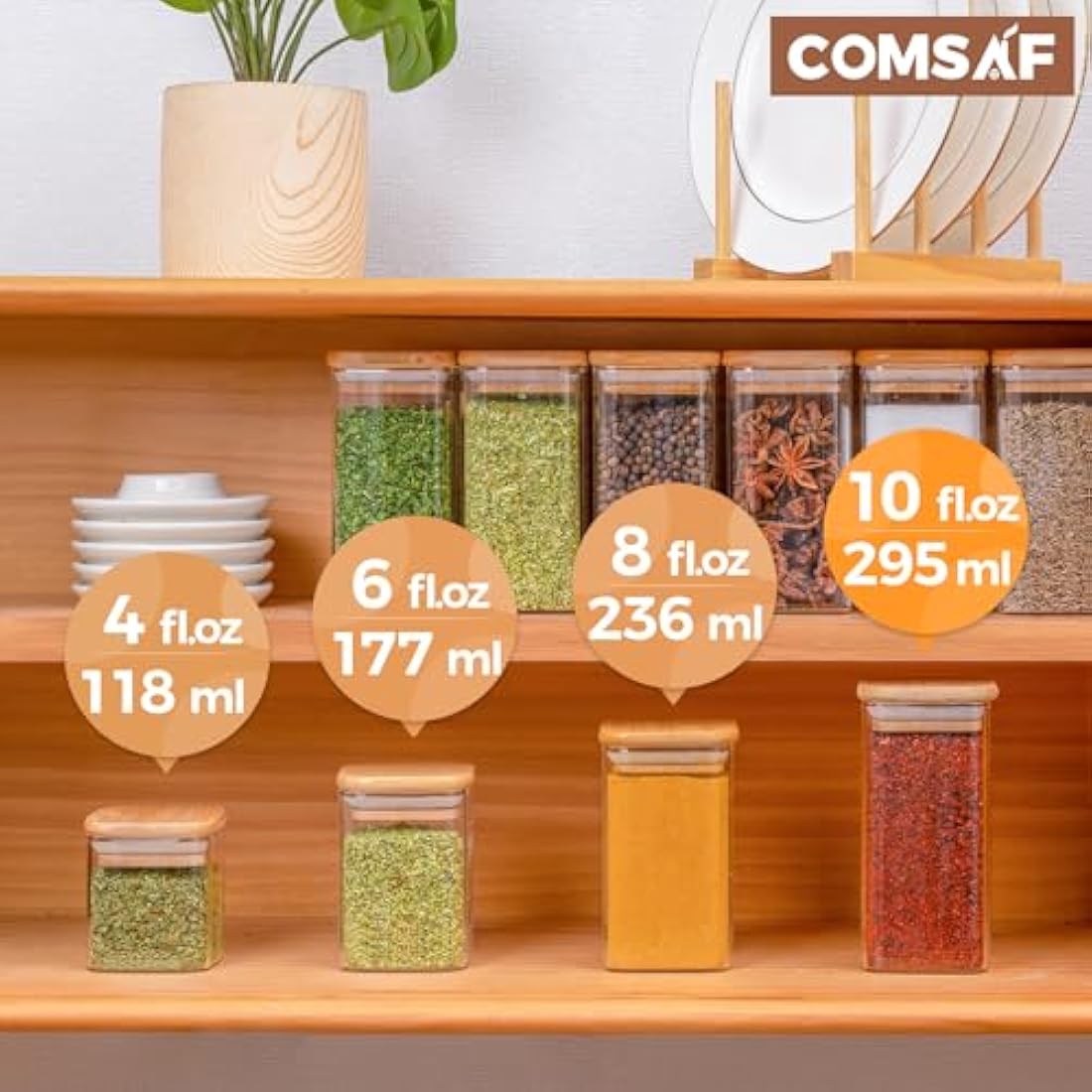 ComSaf 16Pcs Glass Spice Jars with Bamboo Lids - 10oz Airtight Containers