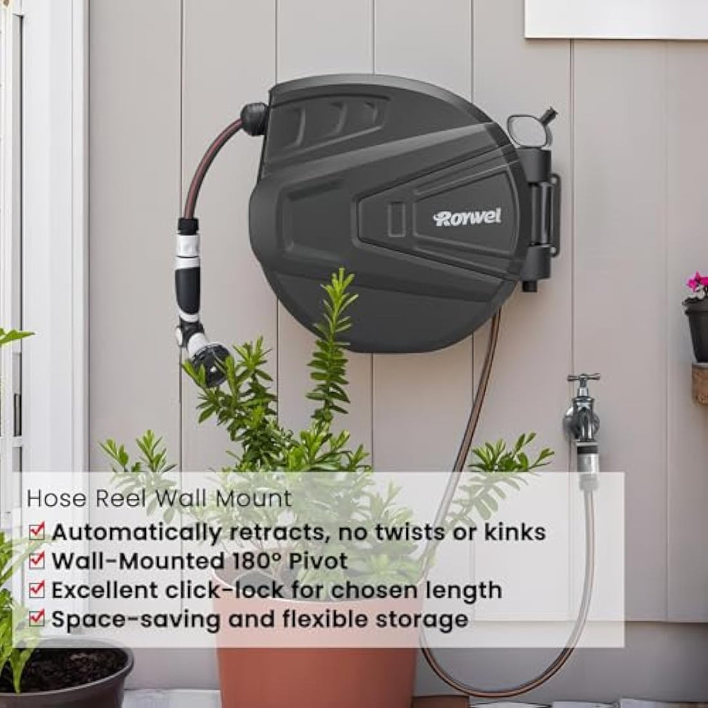 Roywel 30M Auto Reel Garden Hose – Wall Mounted Retractable Hose Reel
