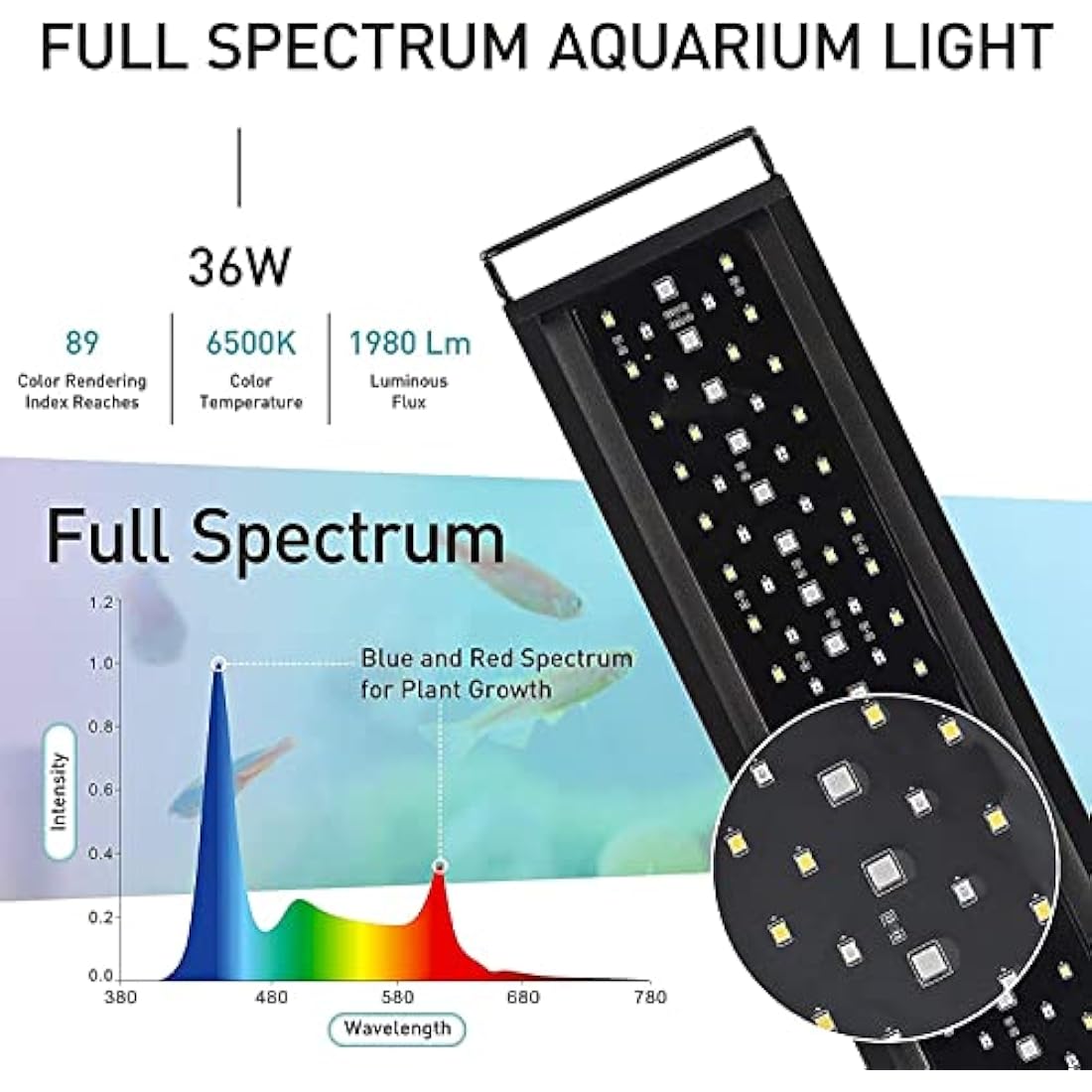 Hygger Full Spectrum LED Aquarium Light | 36W Auto Cycle for 90-107cm Tank