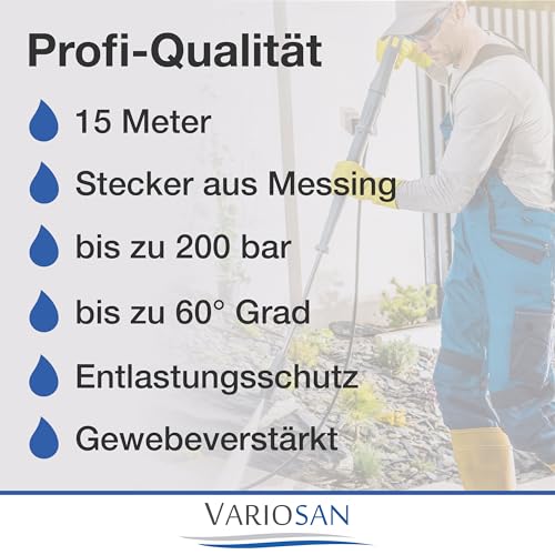 VARIOSAN 15m High Pressure Hose for Kärcher K2-K7 | 200 Bar Brass