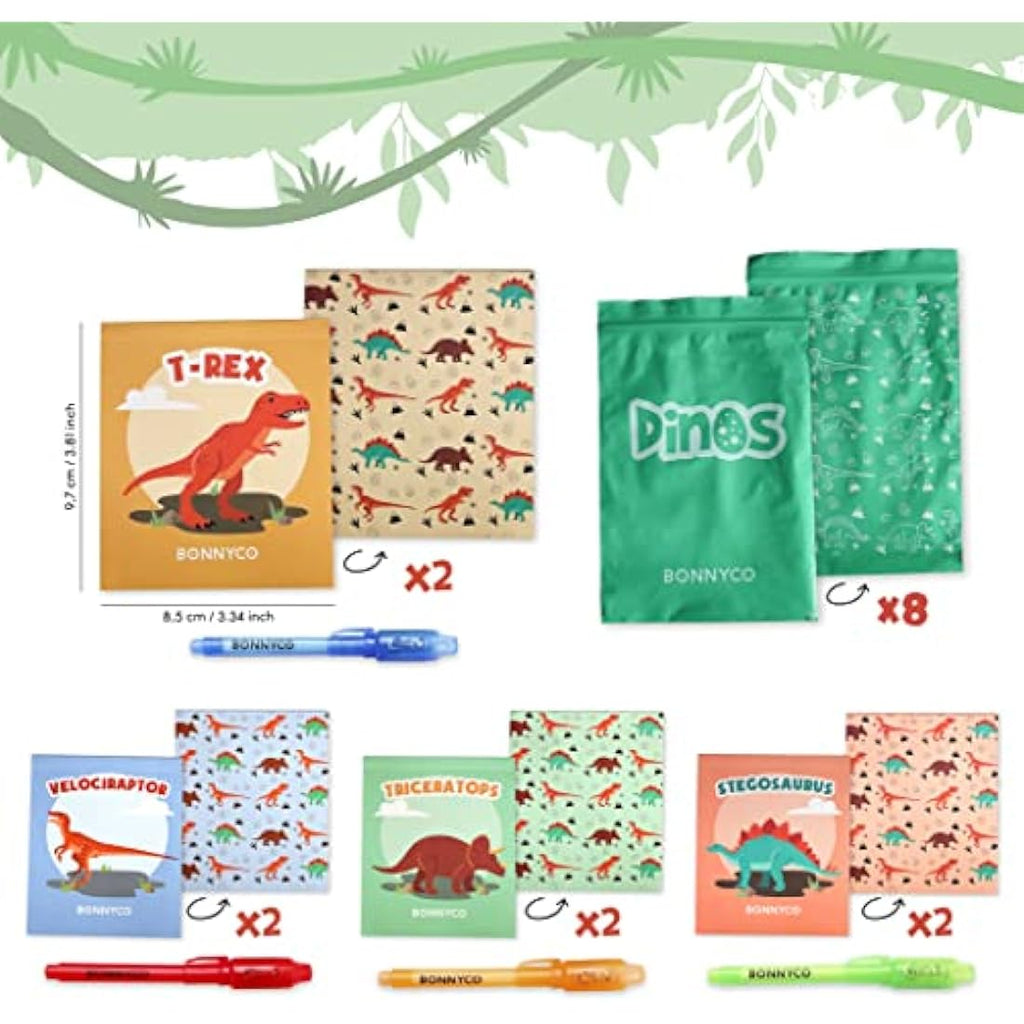 BONNYCO Invisible Ink Pen and Notebook Set - 8 Pack Dinosaur Party Favors