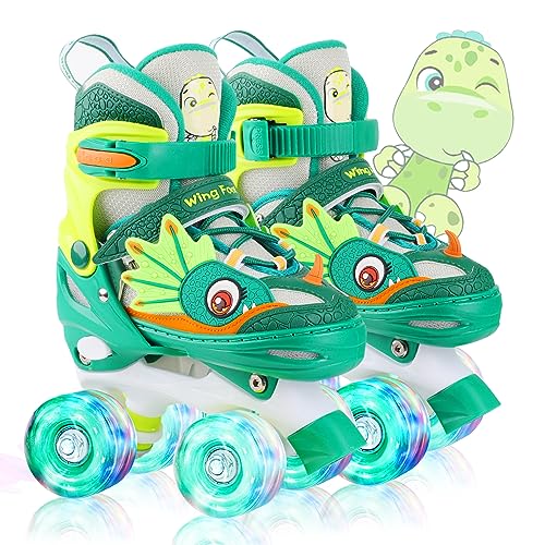WESKIFAN Kids Dinosaur Roller Skates | Adjustable Quad Shoes with Light Up Wheels