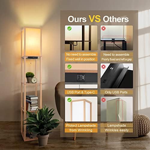 OUTON Shelf Floor Lamp | Wooden Standing Light with USB & Type-C Ports
