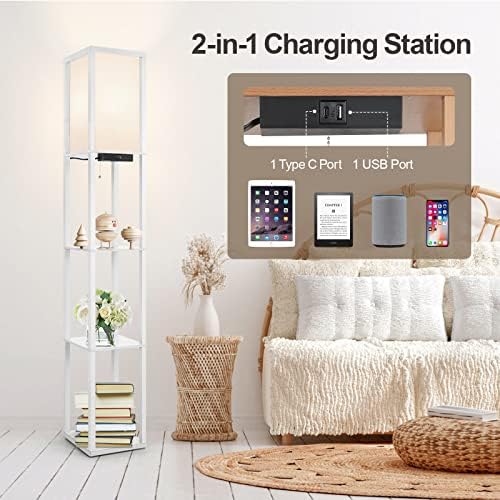 Outon LED Floor Lamp with Shelves – Dimmable Shelf Lamp with USB Ports
