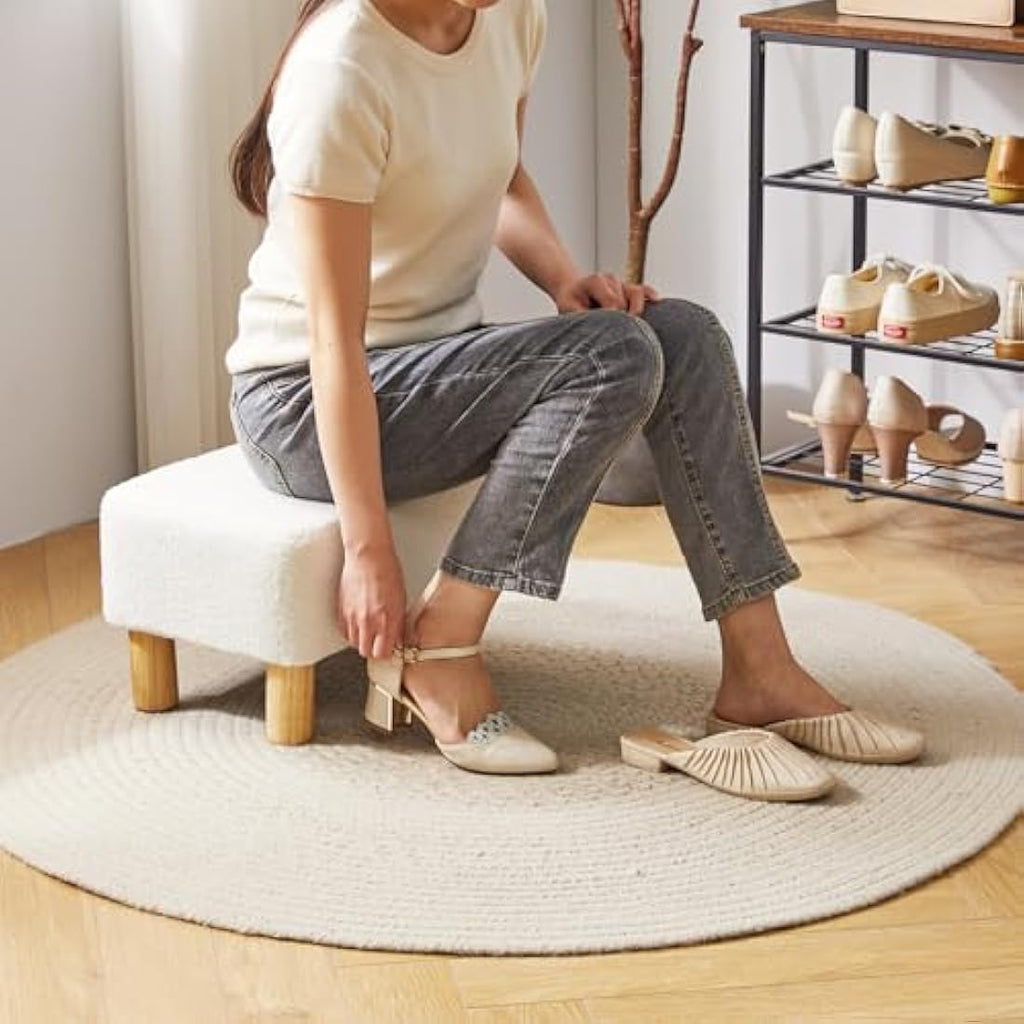 YMYNY Teddy Fleece Footstool | Rectangle Ottoman with Wooden Legs