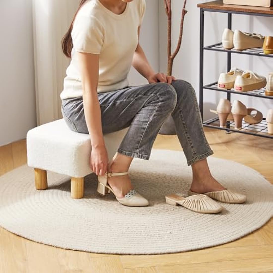YMYNY Teddy Fleece Footstool | Rectangle Ottoman with Wooden Legs
