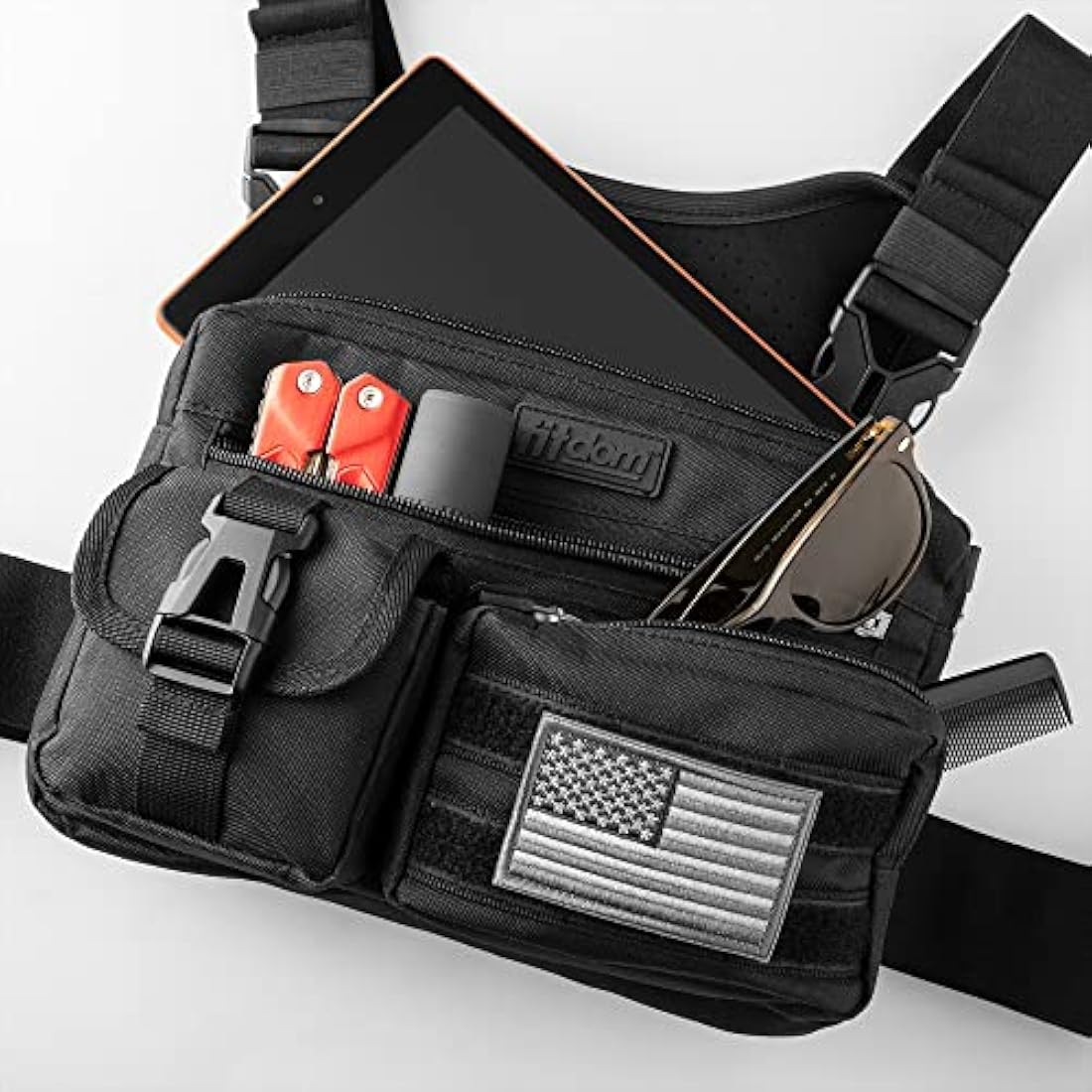 Fitdom Tactical Sports Utility Chest Pack | EDC Rig Pouch - Jet Black