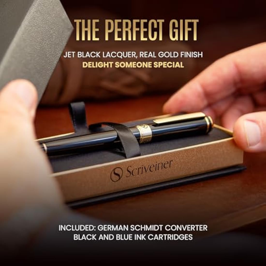 Scriveiner Black Lacquer Fountain Pen | 24K Gold Plating, Fine Nib