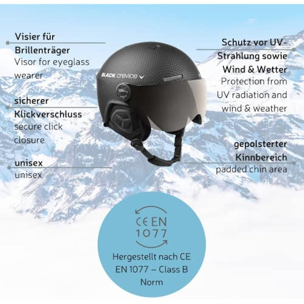 Black Crevice Gstaad Ski Helmet – Pilot Style Visor Helmet for Adults