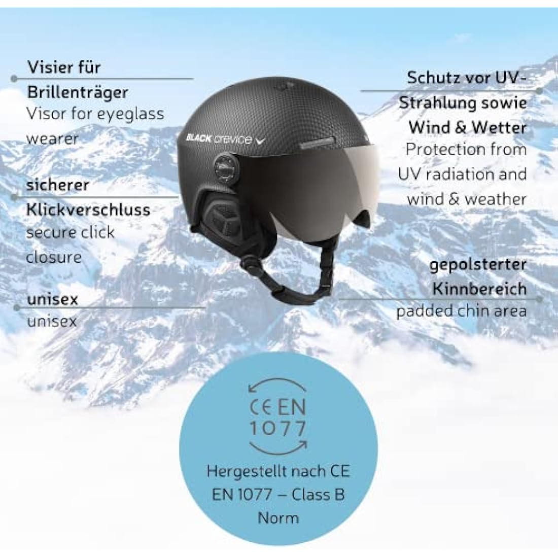 Black Crevice Gstaad Ski Helmet – Pilot Style Visor Helmet for Adults