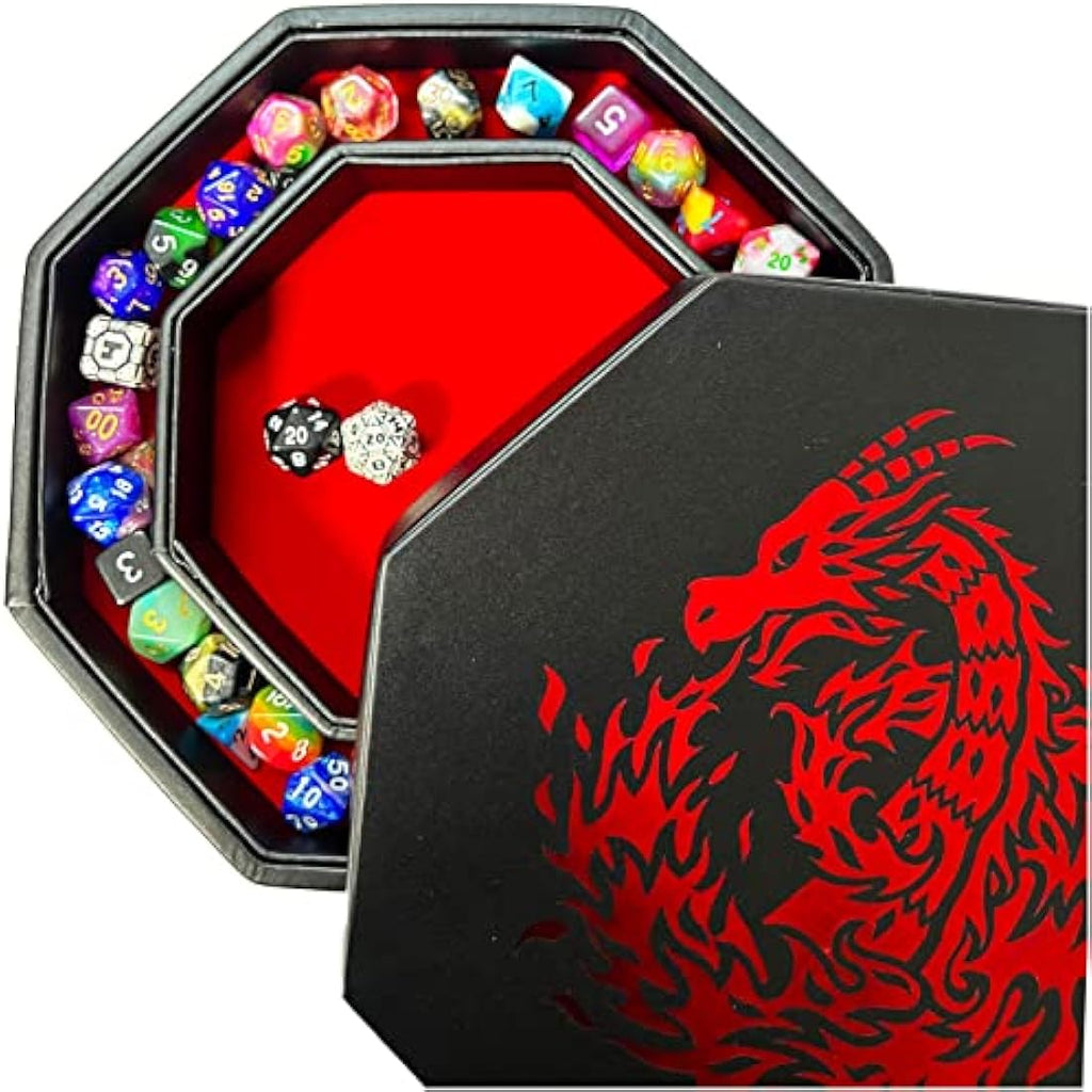 Fire Dragon Octagon Dice Tray with Lid – Red Vegan Leather